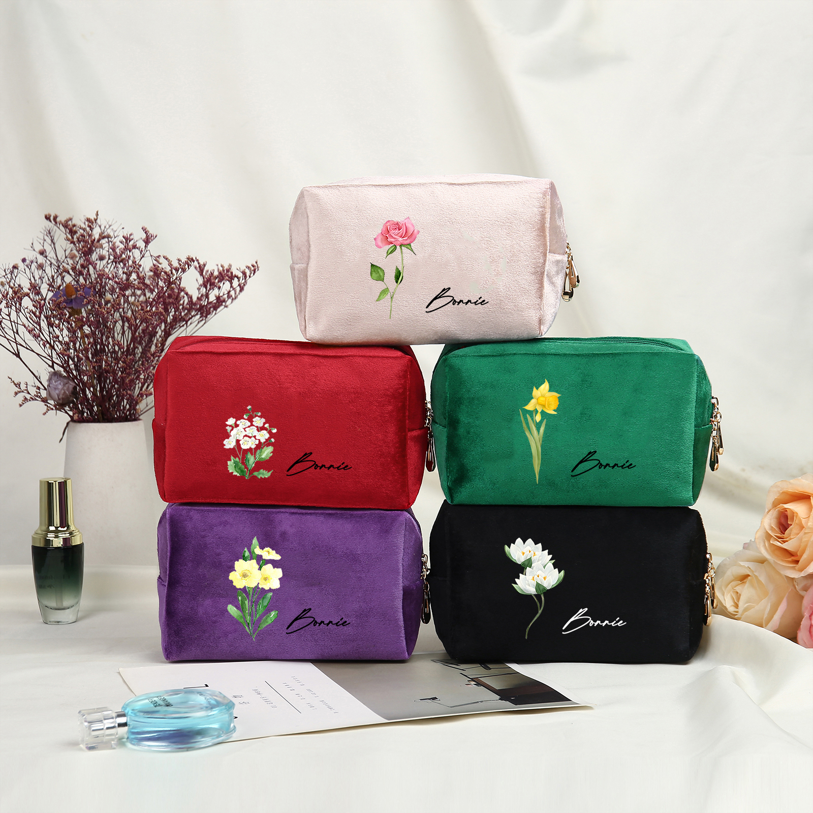 Trousse De Maquillage Personnalisée Élégance Fleur de Naissance et Prénom Sac De Maquillage À Capacité Élevée Pour Femmes