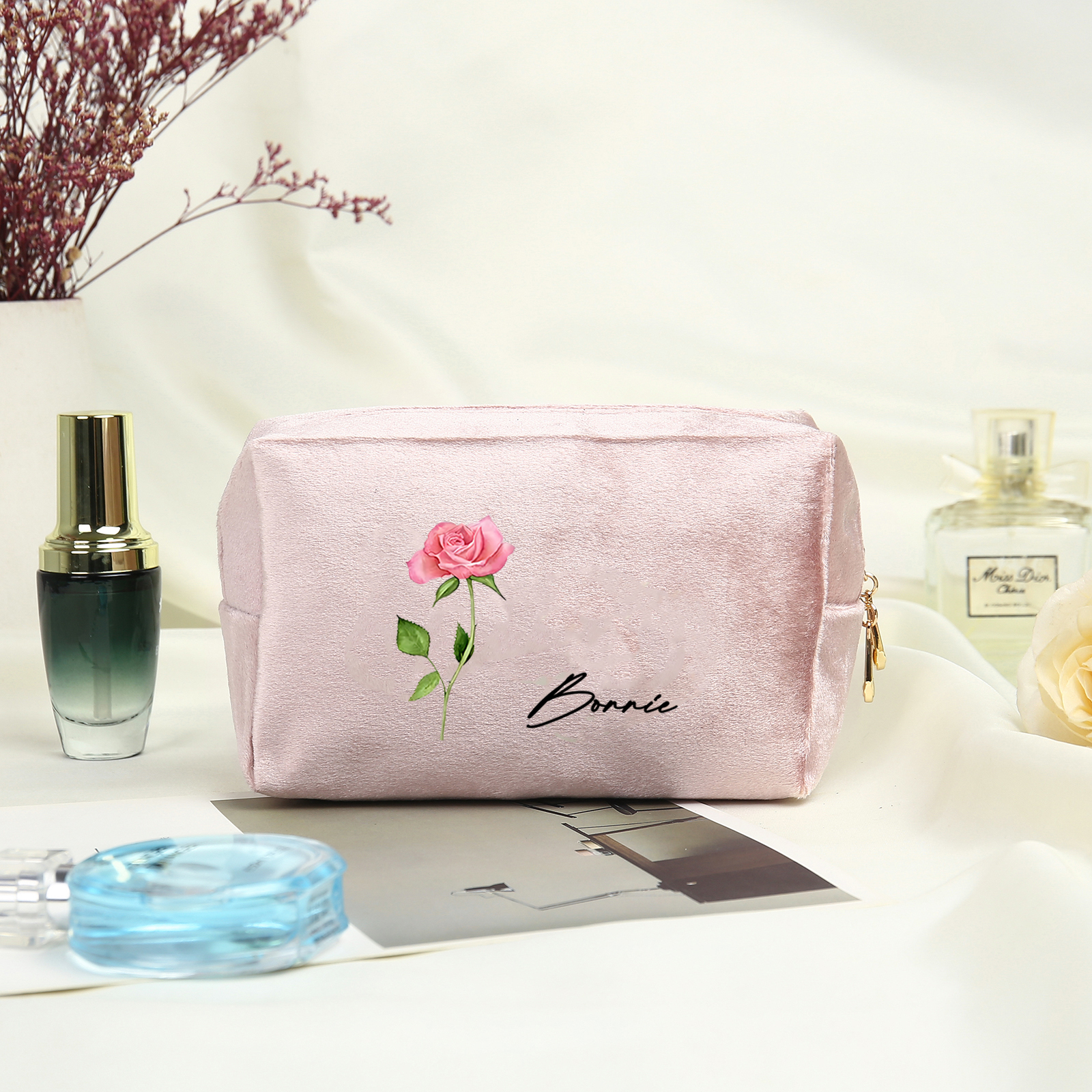Trousse De Maquillage Personnalisée Élégance Fleur de Naissance et Prénom Sac De Maquillage À Capacité Élevée Pour Femmes
