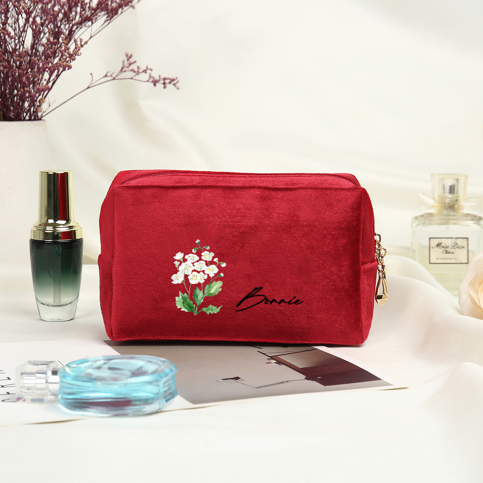 Trousse De Maquillage Personnalisée Élégance Fleur de Naissance et Prénom Sac De Maquillage À Capacité Élevée Pour Femmes