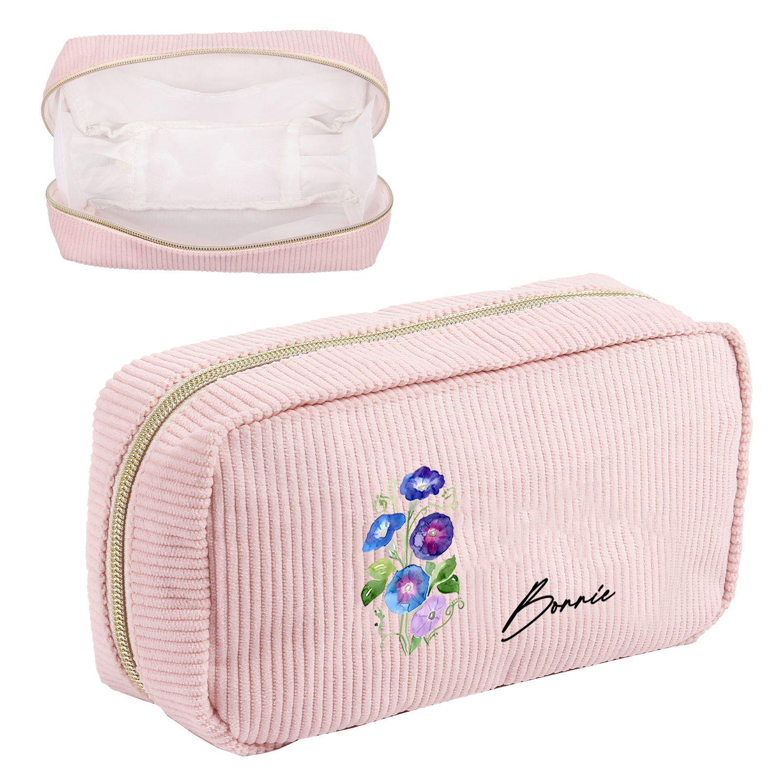 Trousse De Maquillage Personnalisée et Raffinée Fleur de Naissance et Prénom Sac De Maquillage À Capacité Élevée Pour Femmes