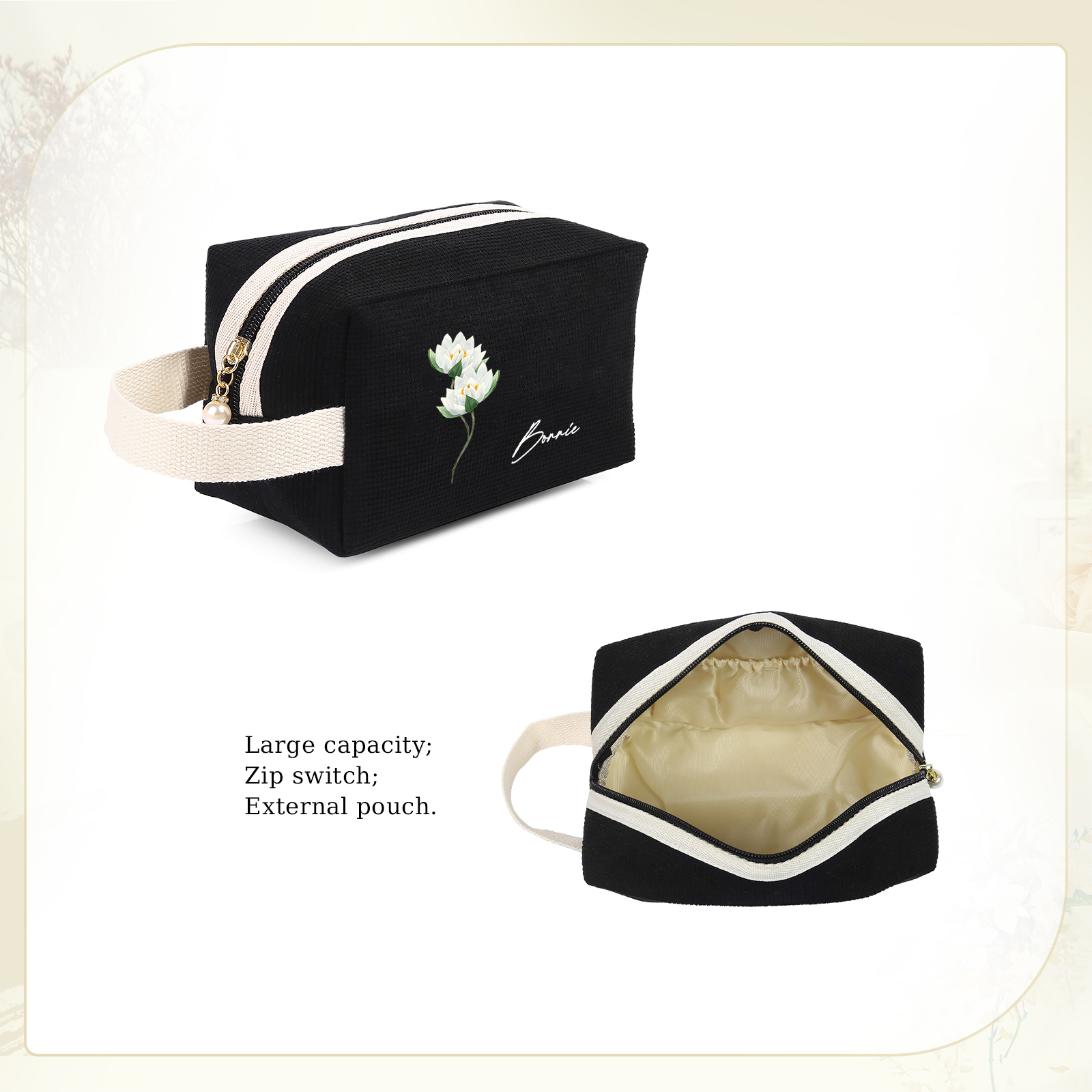 Trousse de Toilette Personnalisée Fleur de Naissance et Prénom Sac De Maquillage À Capacité Élevée Pour Femmes