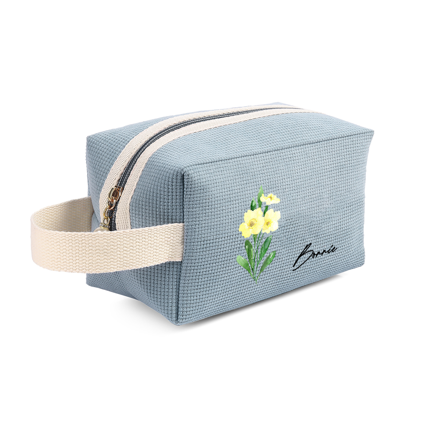 Trousse de Toilette Personnalisée Fleur de Naissance et Prénom Sac De Maquillage À Capacité Élevée Pour Femmes