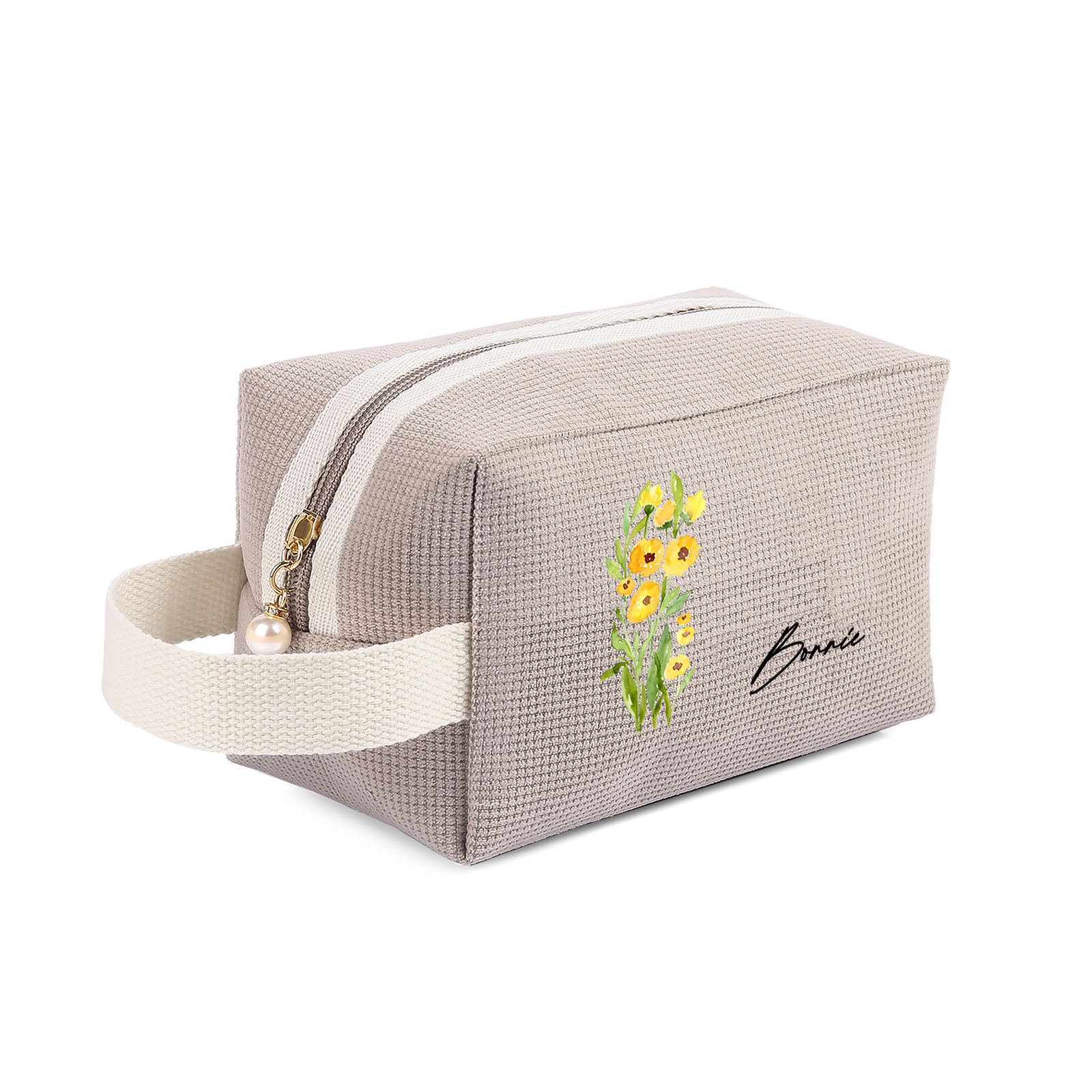 Trousse de Toilette Personnalisée Fleur de Naissance et Prénom Sac De Maquillage À Capacité Élevée Pour Femmes