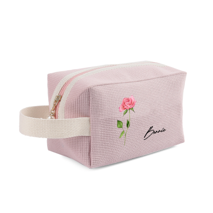 Trousse de Toilette Personnalisée Fleur de Naissance et Prénom Sac De Maquillage À Capacité Élevée Pour Femmes