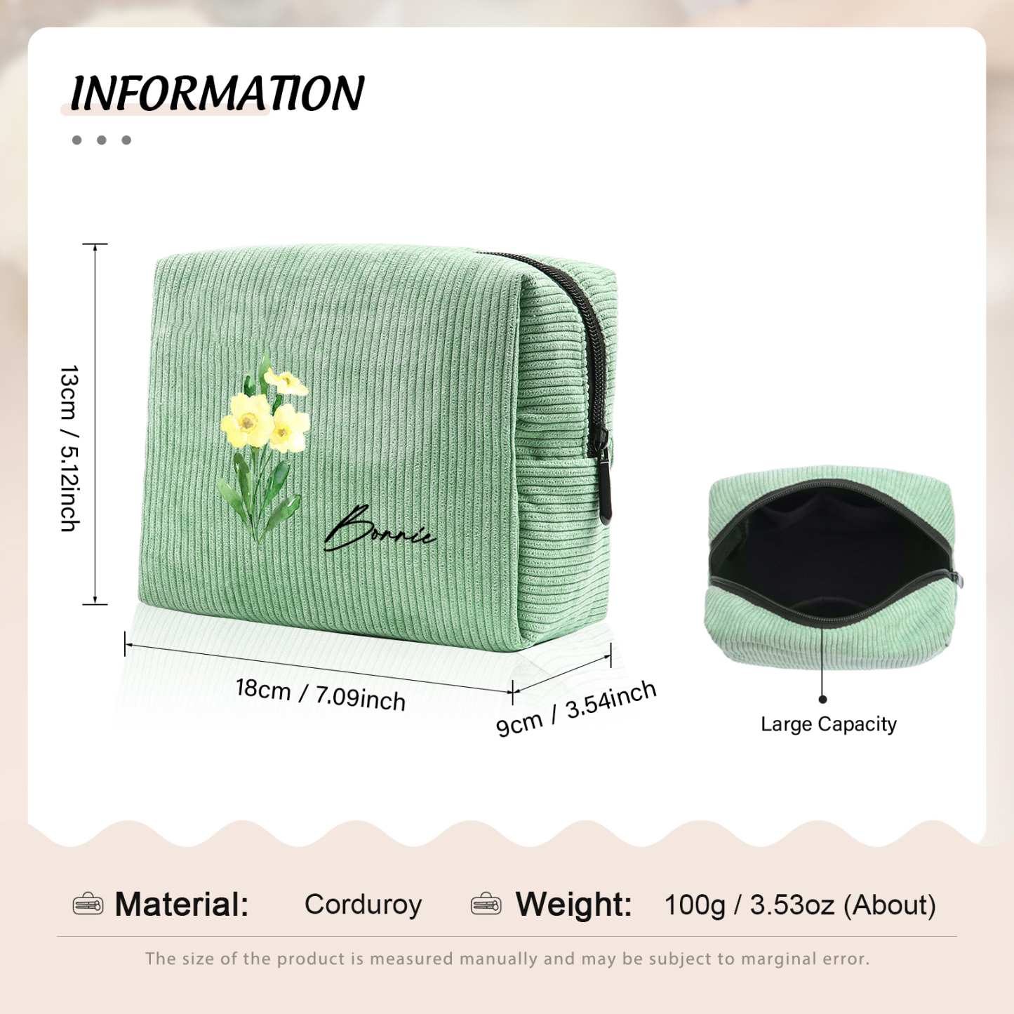 Trousse De Maquillage Personnalisée Prénom avec Fleur de Naissance Sac De Maquillage À Capacité Élevée Pour Femmes