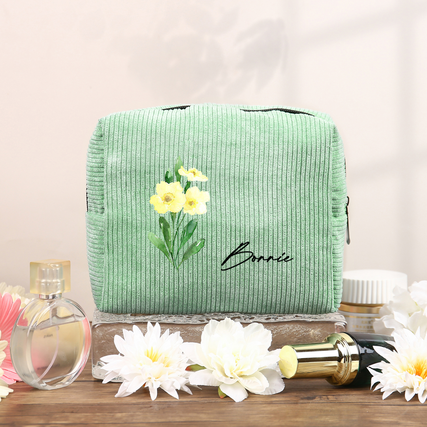 Trousse De Maquillage Personnalisée Prénom avec Fleur de Naissance Sac De Maquillage À Capacité Élevée Pour Femmes