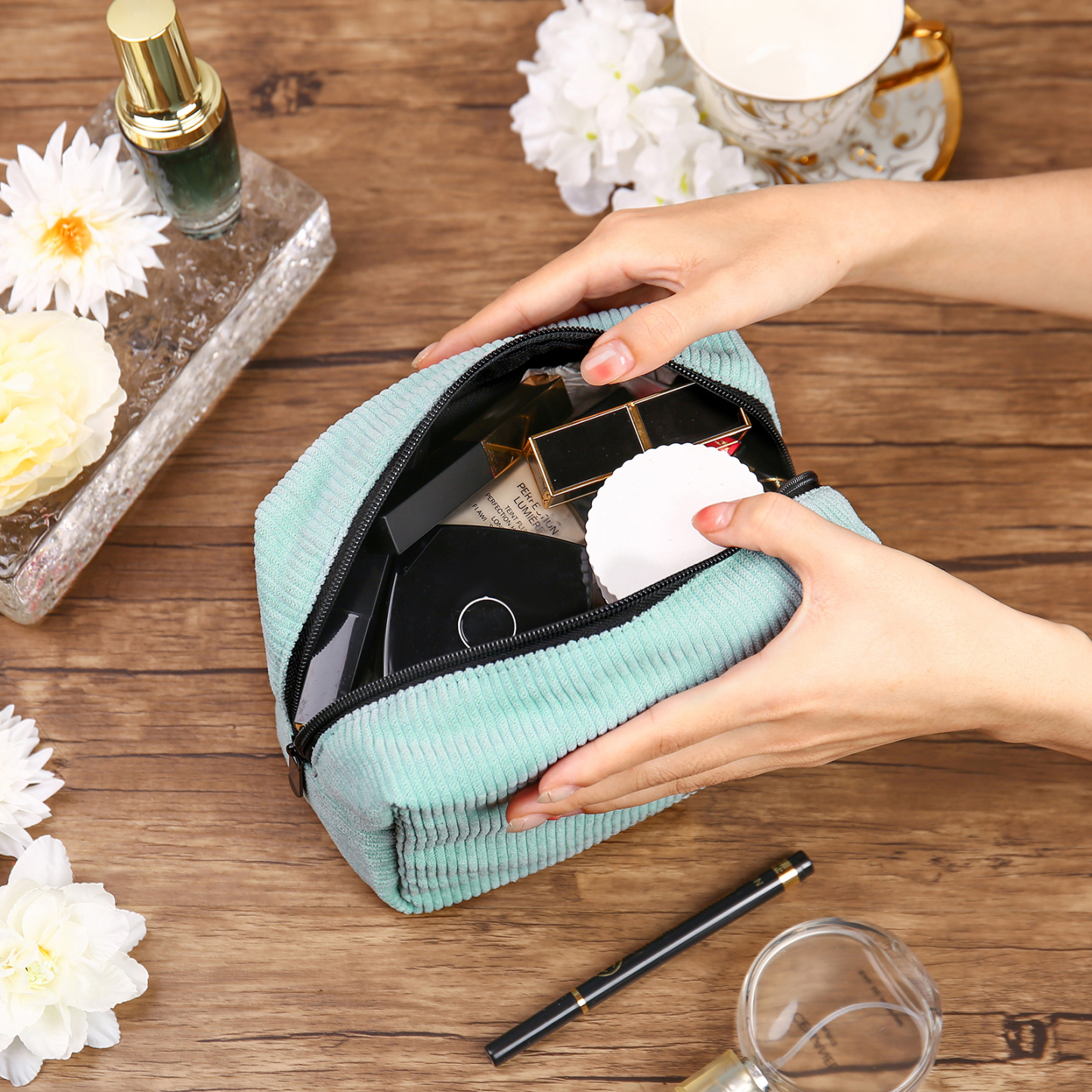 Trousse De Maquillage Personnalisée Prénom avec Fleur de Naissance Sac De Maquillage À Capacité Élevée Pour Femmes