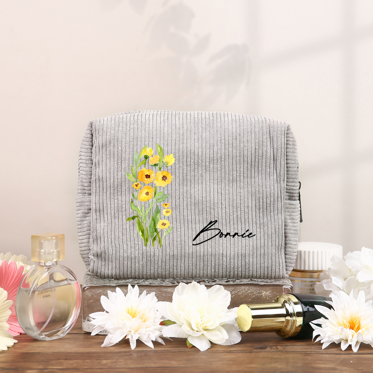 Trousse De Maquillage Personnalisée Prénom avec Fleur de Naissance Sac De Maquillage À Capacité Élevée Pour Femmes