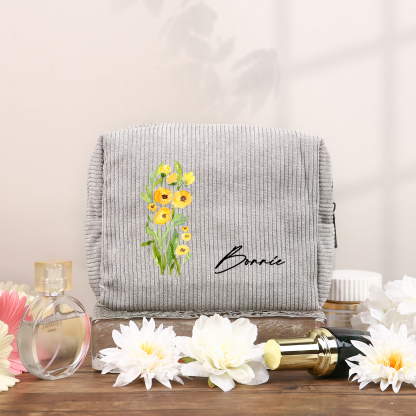 Trousse De Maquillage Personnalisée Prénom avec Fleur de Naissance Sac De Maquillage À Capacité Élevée Pour Femmes