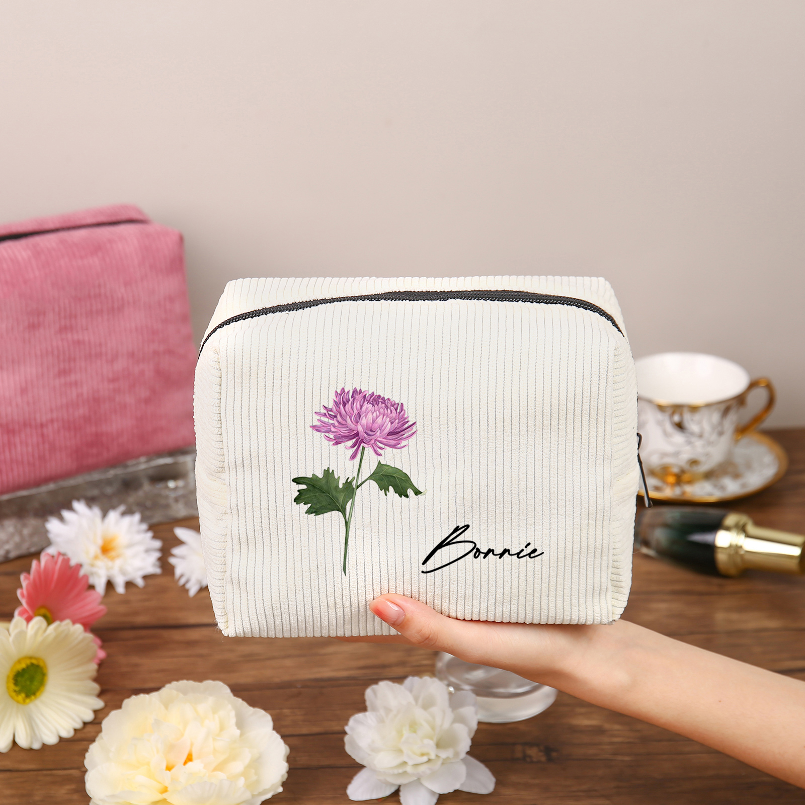 Trousse De Maquillage Personnalisée Prénom avec Fleur de Naissance Sac De Maquillage À Capacité Élevée Pour Femmes