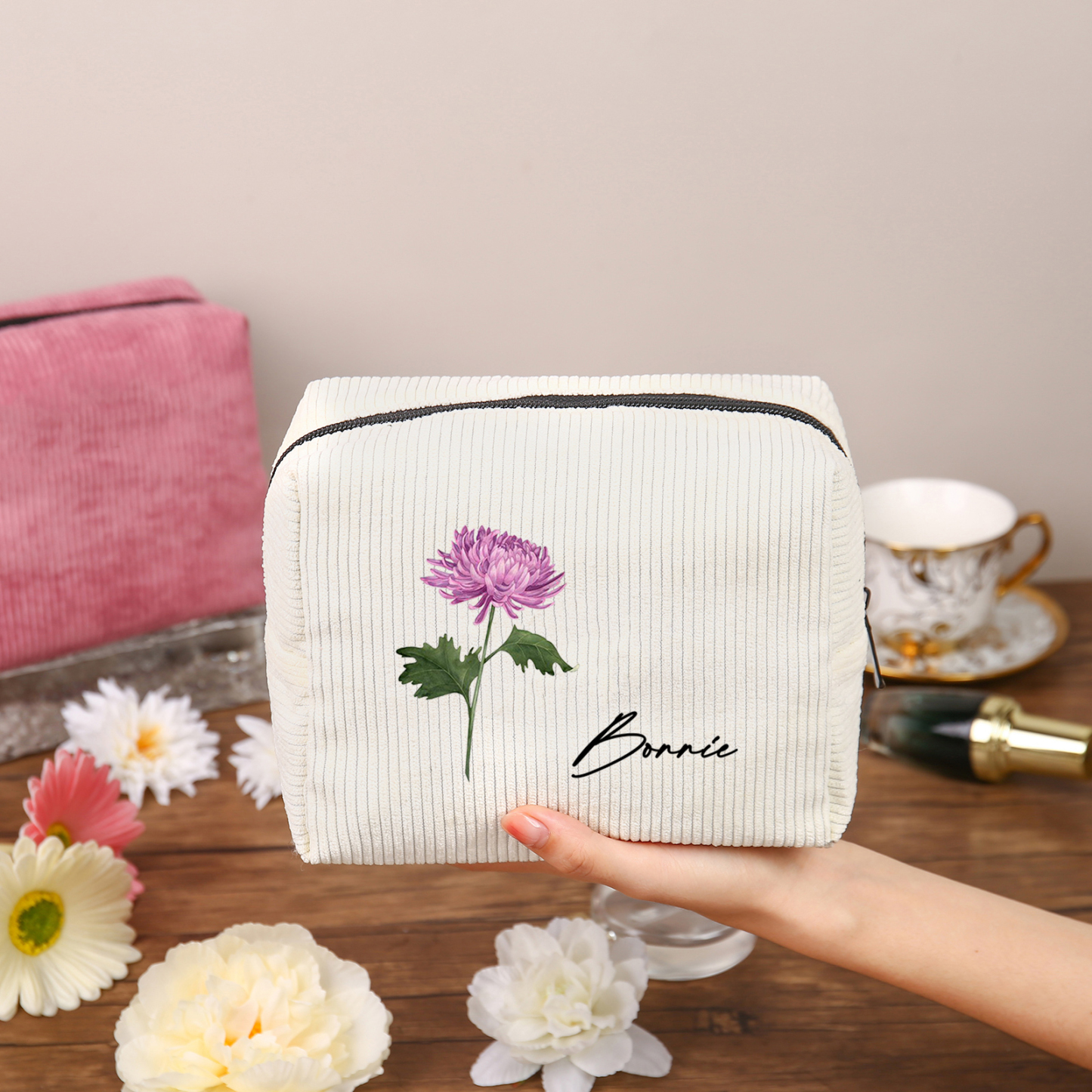 Trousse De Maquillage Personnalisée Prénom avec Fleur de Naissance Sac De Maquillage À Capacité Élevée Pour Femmes