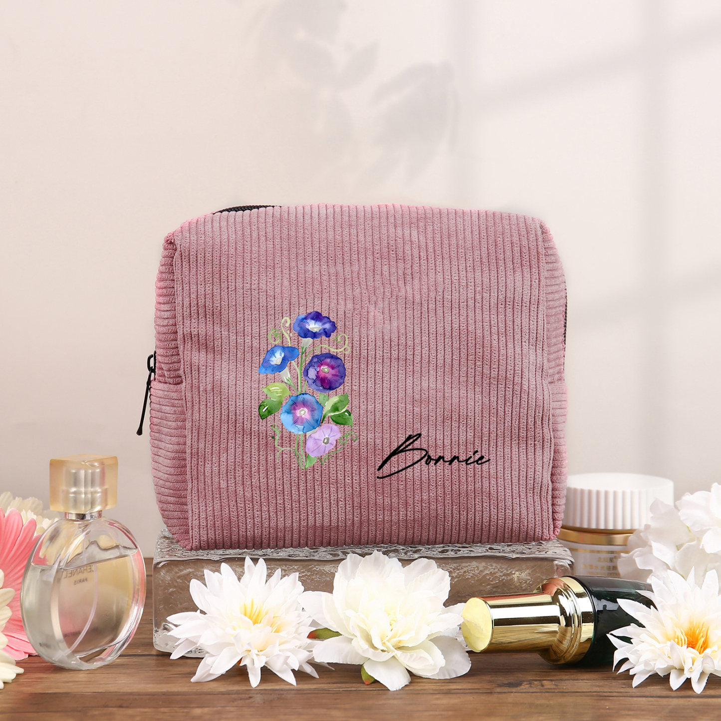 Trousse De Maquillage Personnalisée Prénom avec Fleur de Naissance Sac De Maquillage À Capacité Élevée Pour Femmes