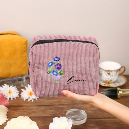Trousse De Maquillage Personnalisée Prénom avec Fleur de Naissance Sac De Maquillage À Capacité Élevée Pour Femmes