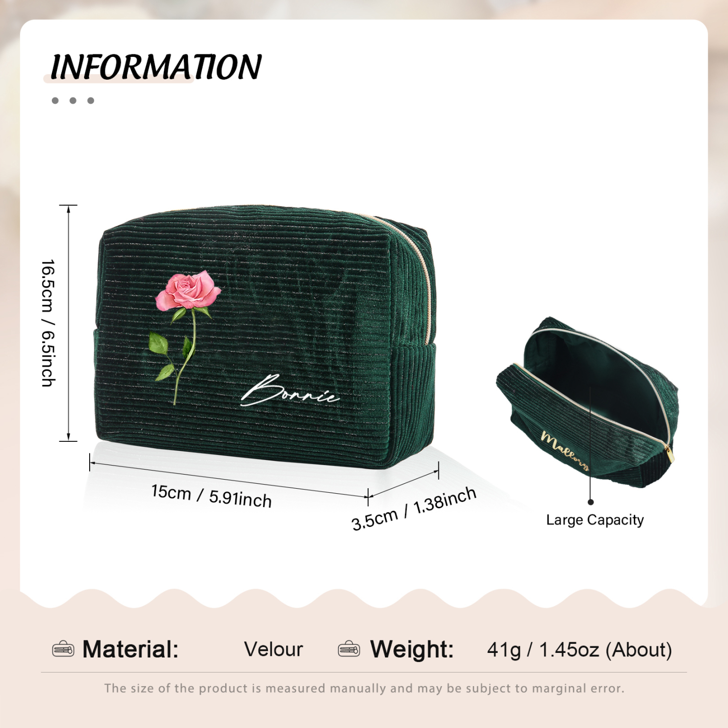 Trousse De Maquillage Personnalisée Vert foncé Fleur de Naissance et Prénom-Cadeau pour Femme
