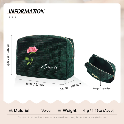 Trousse De Maquillage Personnalisée Vert foncé Fleur de Naissance et Prénom-Cadeau pour Femme