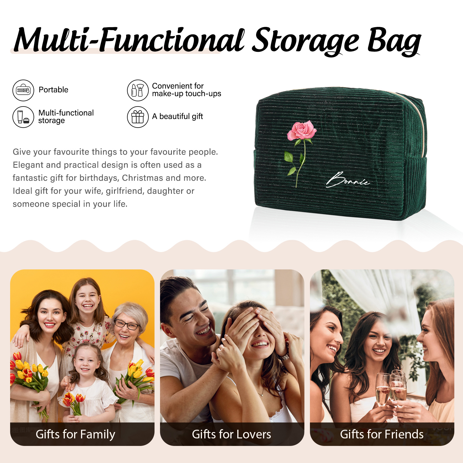 Trousse De Maquillage Personnalisée Vert foncé Fleur de Naissance et Prénom-Cadeau pour Femme