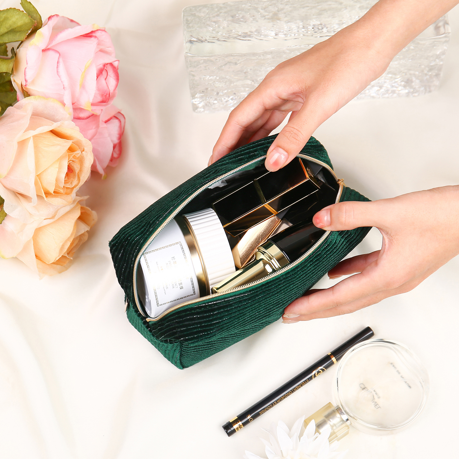 Trousse De Maquillage Personnalisée Vert foncé Fleur de Naissance et Prénom-Cadeau pour Femme