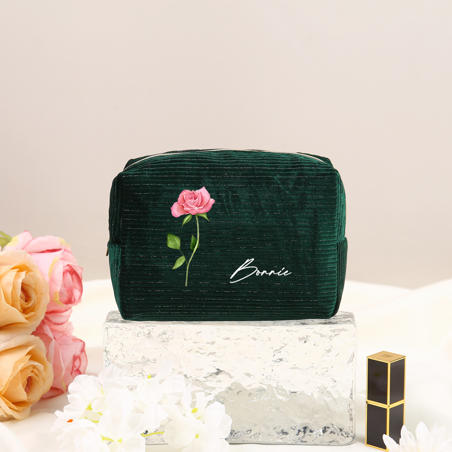 Trousse De Maquillage Personnalisée Vert foncé Fleur de Naissance et Prénom-Cadeau pour Femme