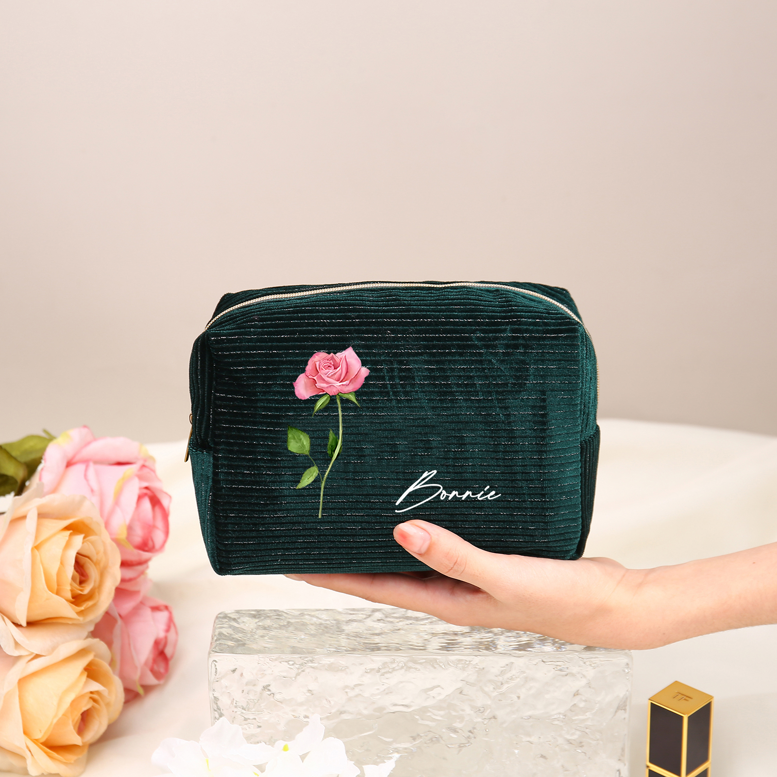 Trousse De Maquillage Personnalisée Vert foncé Fleur de Naissance et Prénom-Cadeau pour Femme