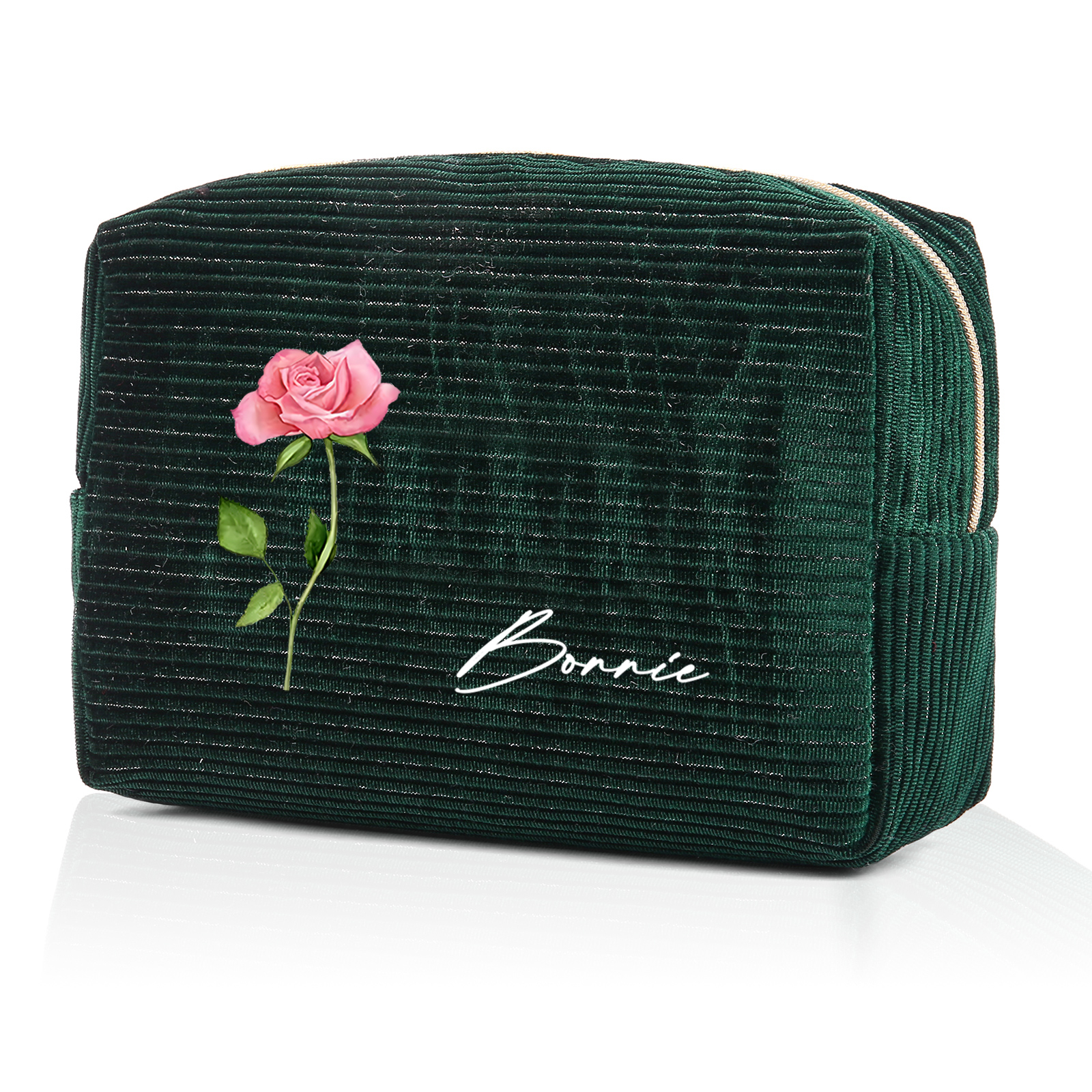 Trousse De Maquillage Personnalisée Vert foncé Fleur de Naissance et Prénom-Cadeau pour Femme