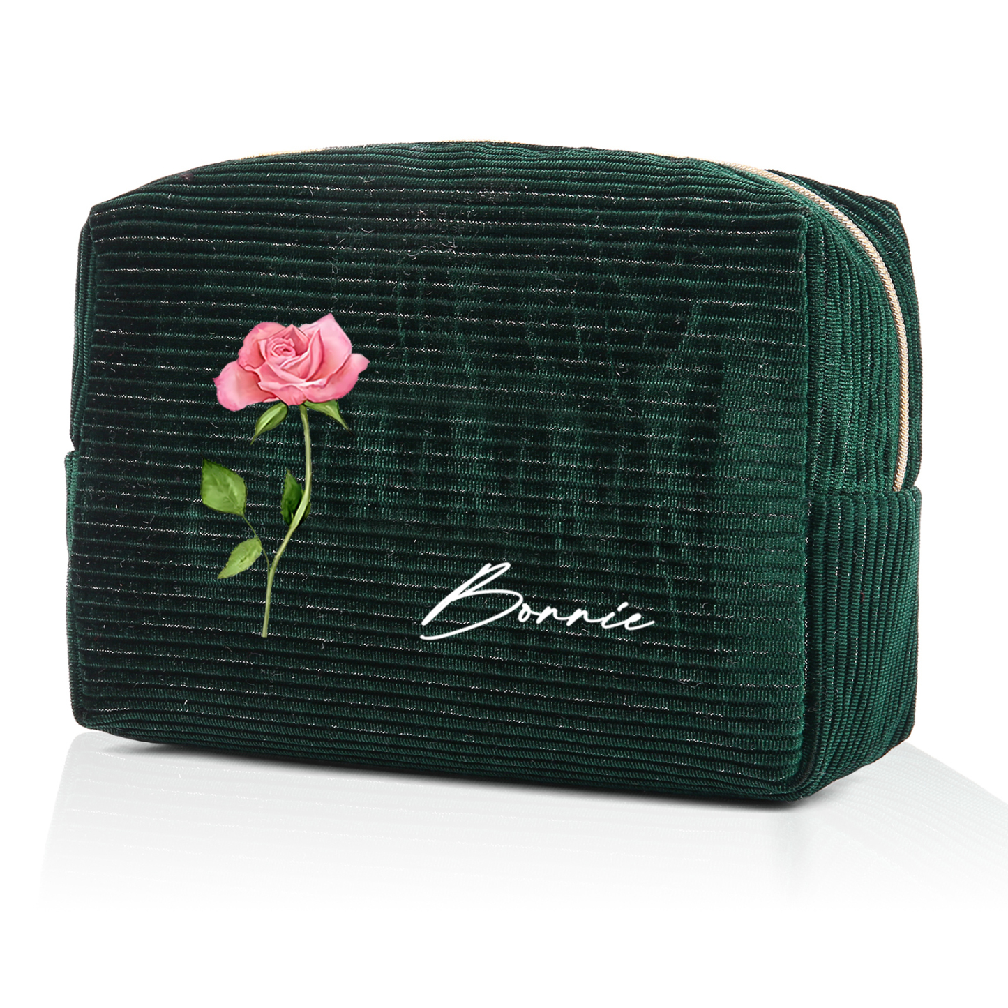 Trousse De Maquillage Personnalisée Vert foncé Fleur de Naissance et Prénom-Cadeau pour Femme