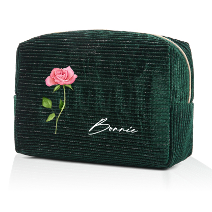 Trousse De Maquillage Personnalisée Vert foncé Fleur de Naissance et Prénom-Cadeau pour Femme