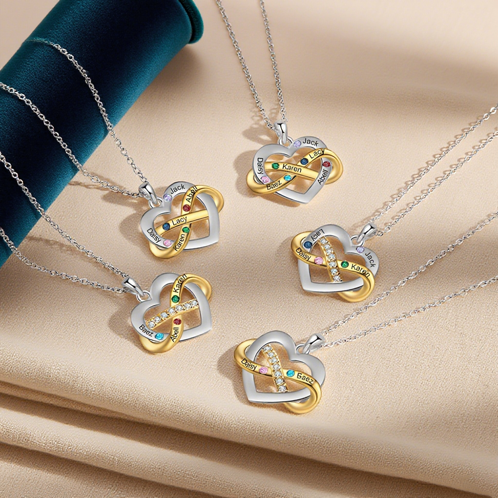 Collier Cœur infini 2-6 Prénoms Personnalisés avec pierres de naissance Collier Personnalisé Femme Cadeau pour femme | Jessemade