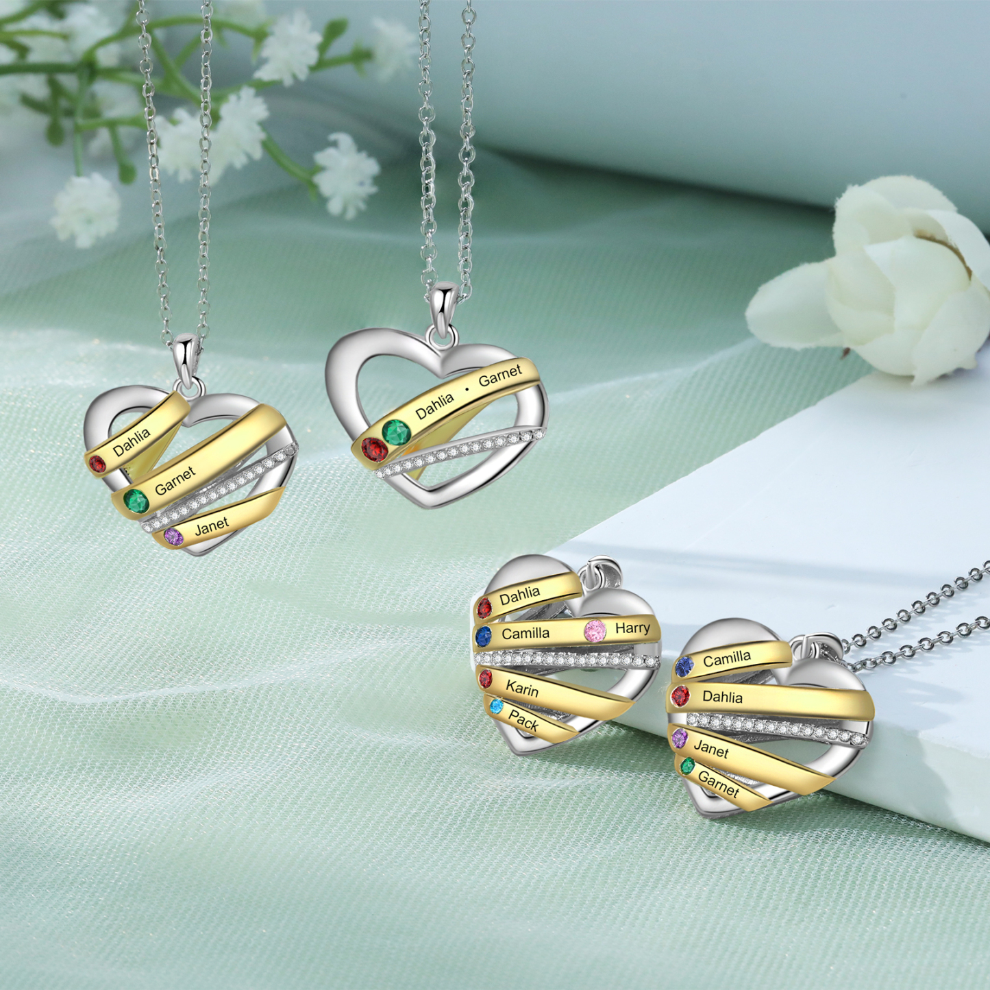 Collier Prénom cœur 3 Prénoms Personnalisés avec 3 pierres de naissance Collier Personnalisé Femme Cadeau pour femme | Jessemade