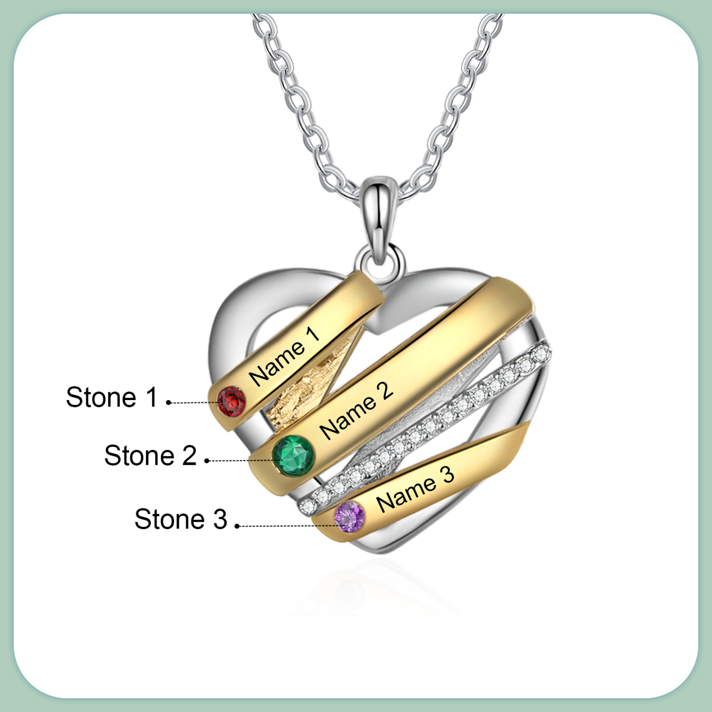 Collier Prénom cœur 3 Prénoms Personnalisés avec 3 pierres de naissance Collier Personnalisé Femme Cadeau pour femme | Jessemade