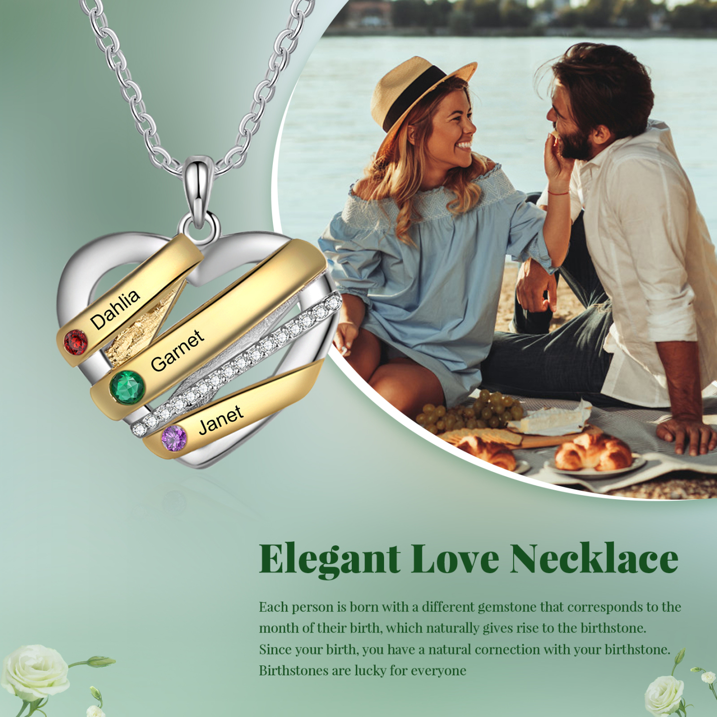 Collier Prénom cœur 3 Prénoms Personnalisés avec 3 pierres de naissance Collier Personnalisé Femme Cadeau pour femme | Jessemade