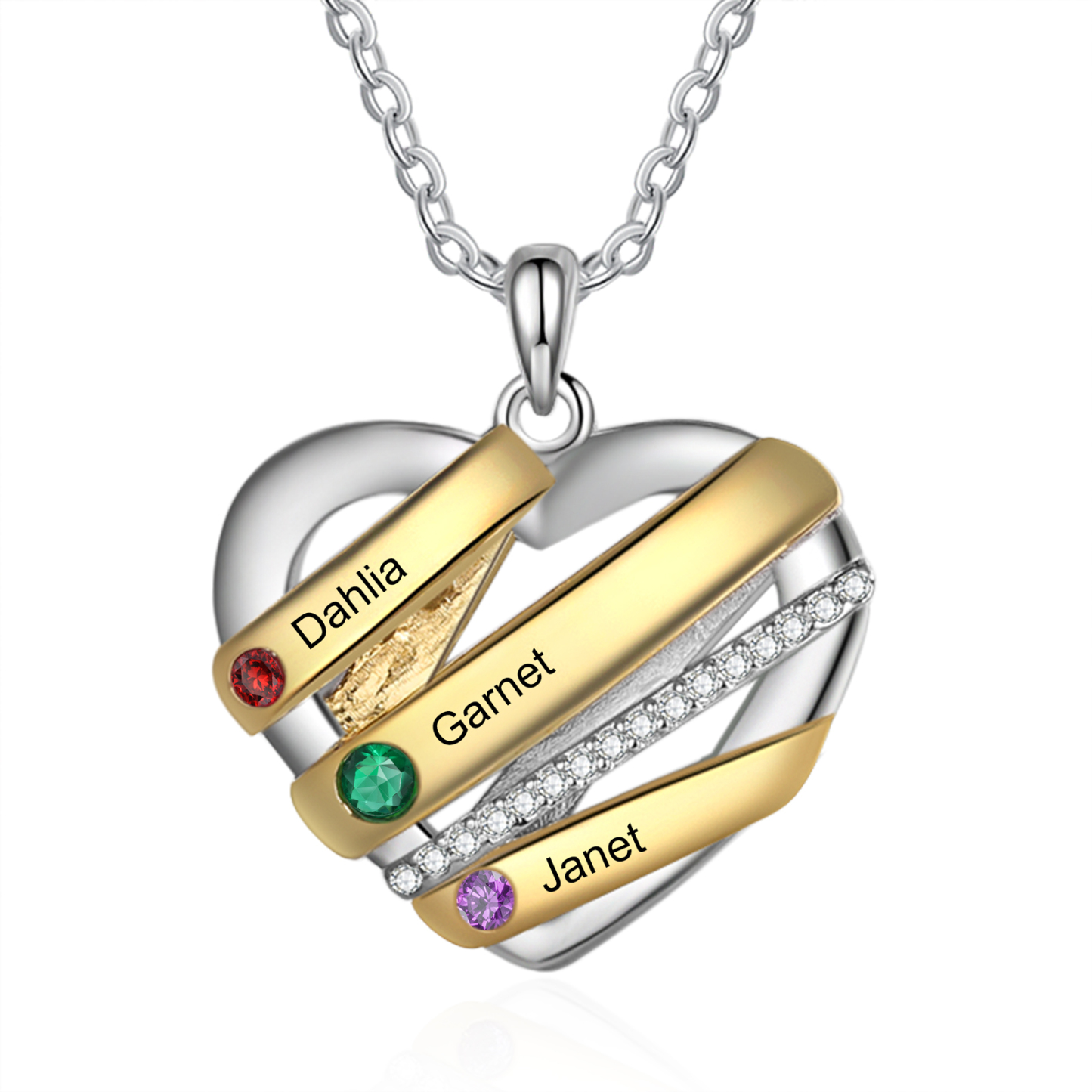Collier Prénom cœur 3 Prénoms Personnalisés avec 3 pierres de naissanc