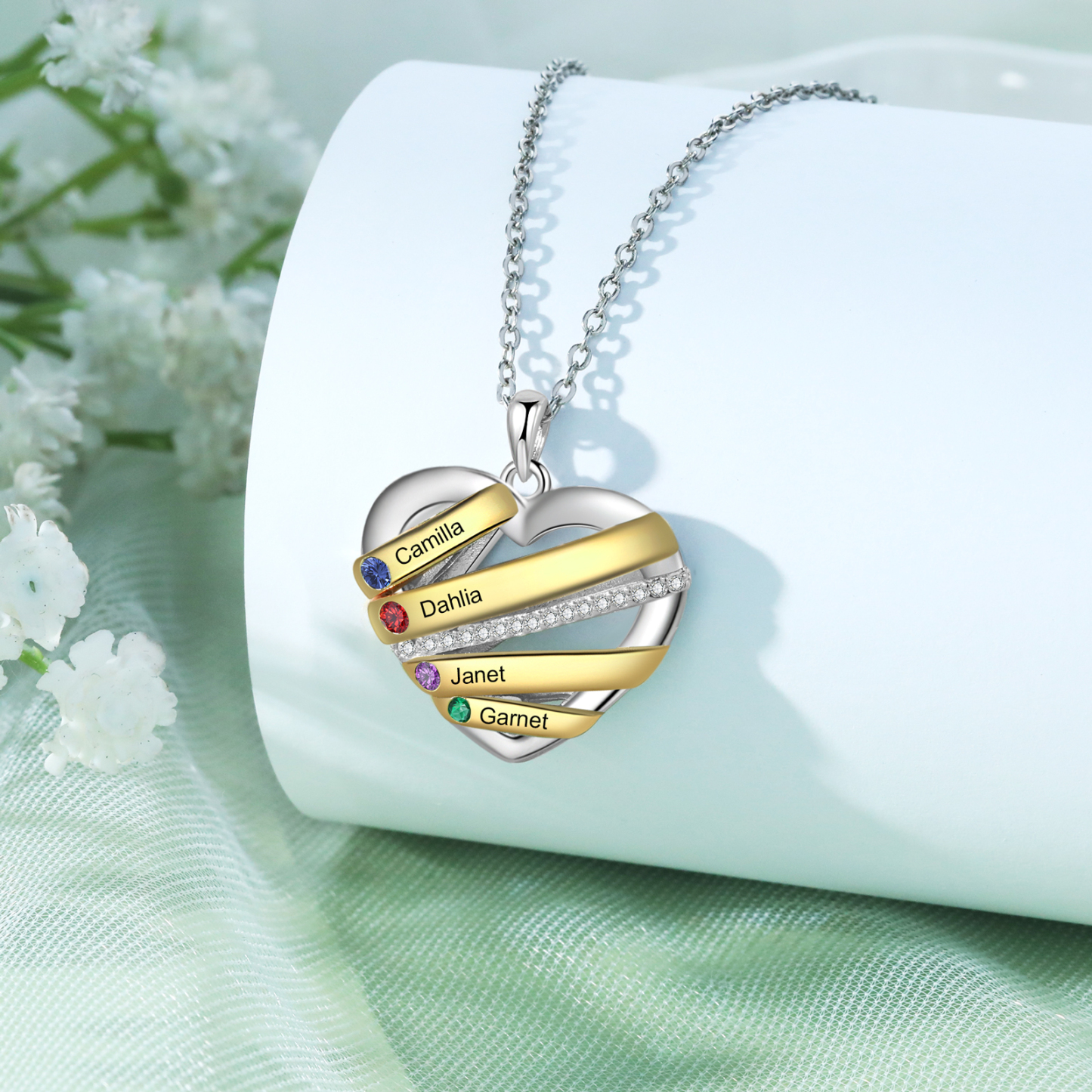 Collier Prénom cœur 4 Prénoms Personnalisés avec 4 pierres de naissance Collier Personnalisé Femme Cadeau pour femme | Jessemade