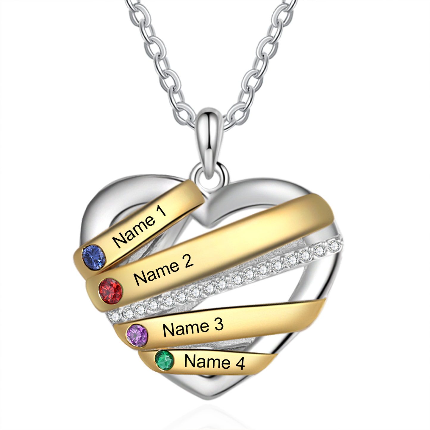 Collier Prénom cœur 4 Prénoms Personnalisés avec 4 pierres de naissance Collier Personnalisé Femme Cadeau pour femme | Jessemade