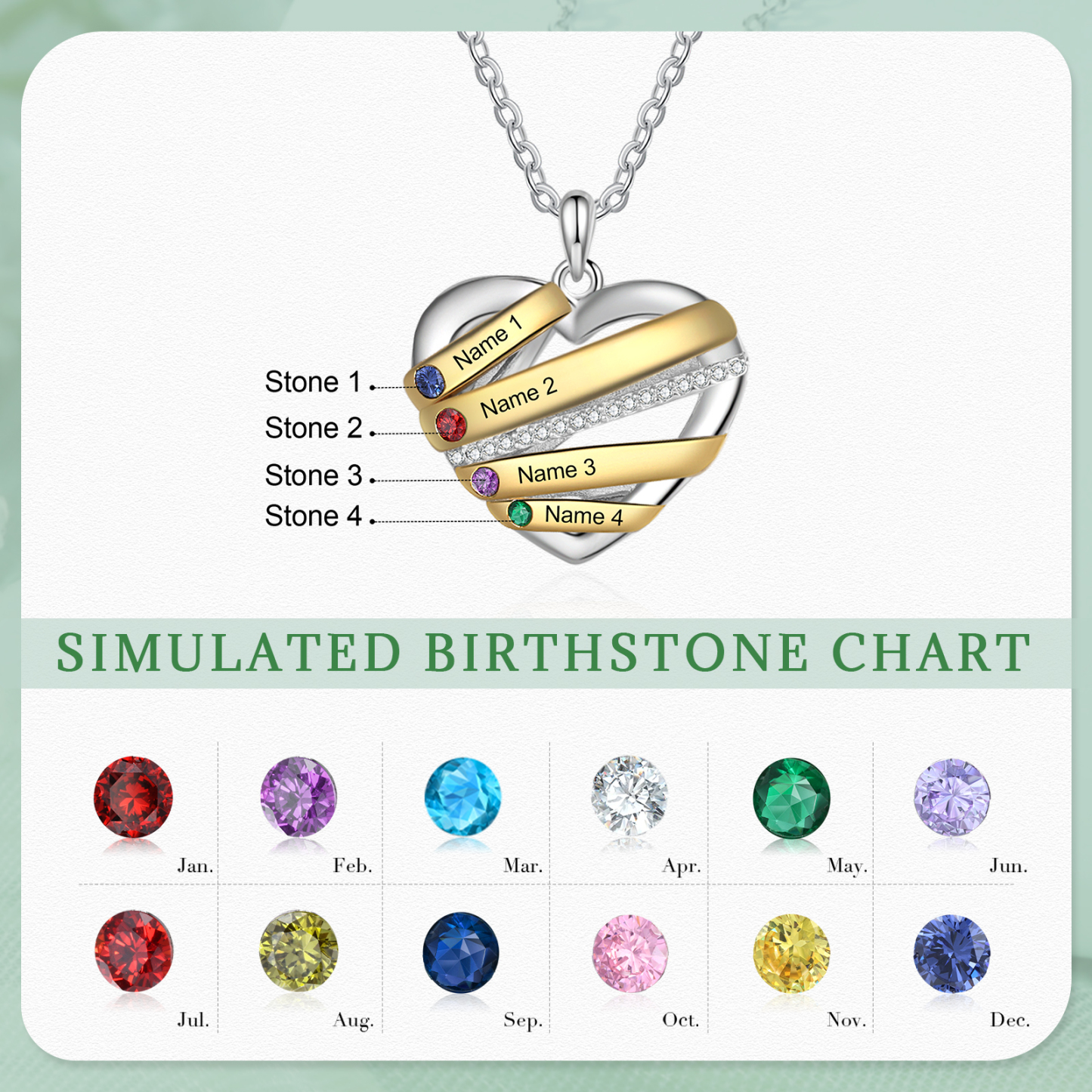 Collier Prénom cœur 4 Prénoms Personnalisés avec 4 pierres de naissance Collier Personnalisé Femme Cadeau pour femme | Jessemade