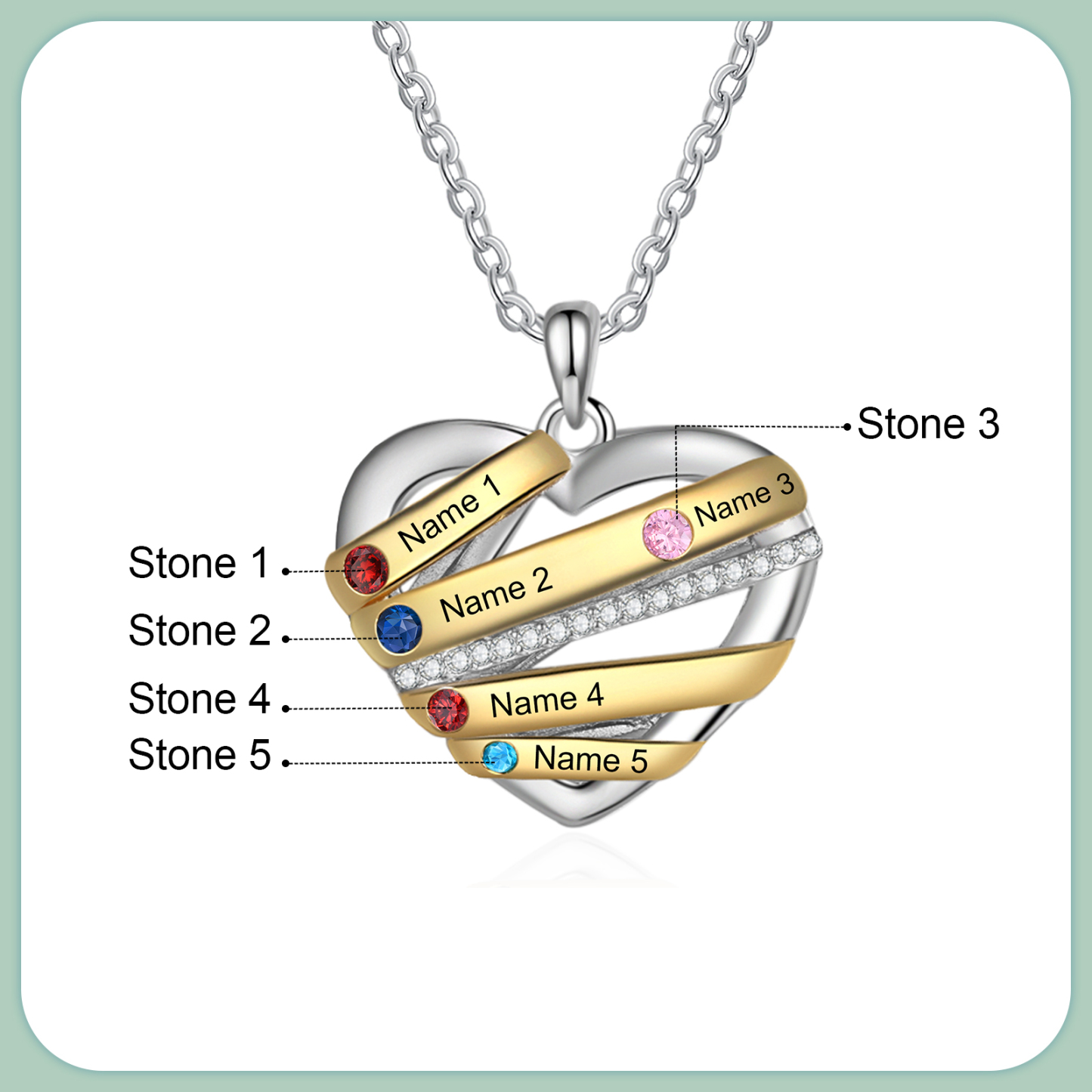 Collier Prénom cœur 5 Prénoms Personnalisés avec 5 pierres de naissance Collier Personnalisé Femme Cadeau pour femme | Jessemade