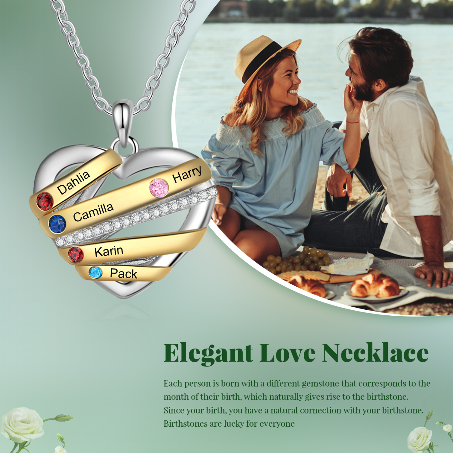 Collier Prénom cœur 5 Prénoms Personnalisés avec 5 pierres de naissance Collier Personnalisé Femme Cadeau pour femme | Jessemade