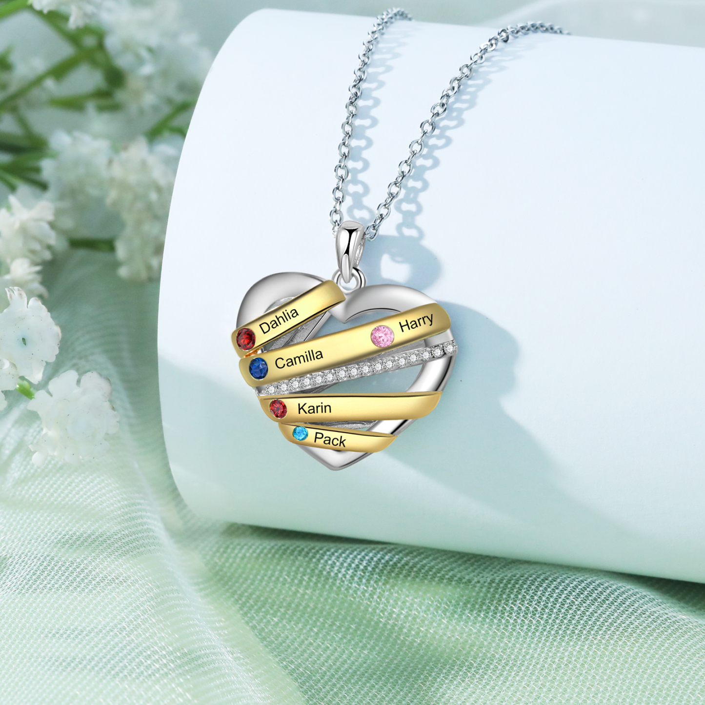 Collier Prénom cœur 5 Prénoms Personnalisés avec 5 pierres de naissance Collier Personnalisé Femme Cadeau pour femme | Jessemade