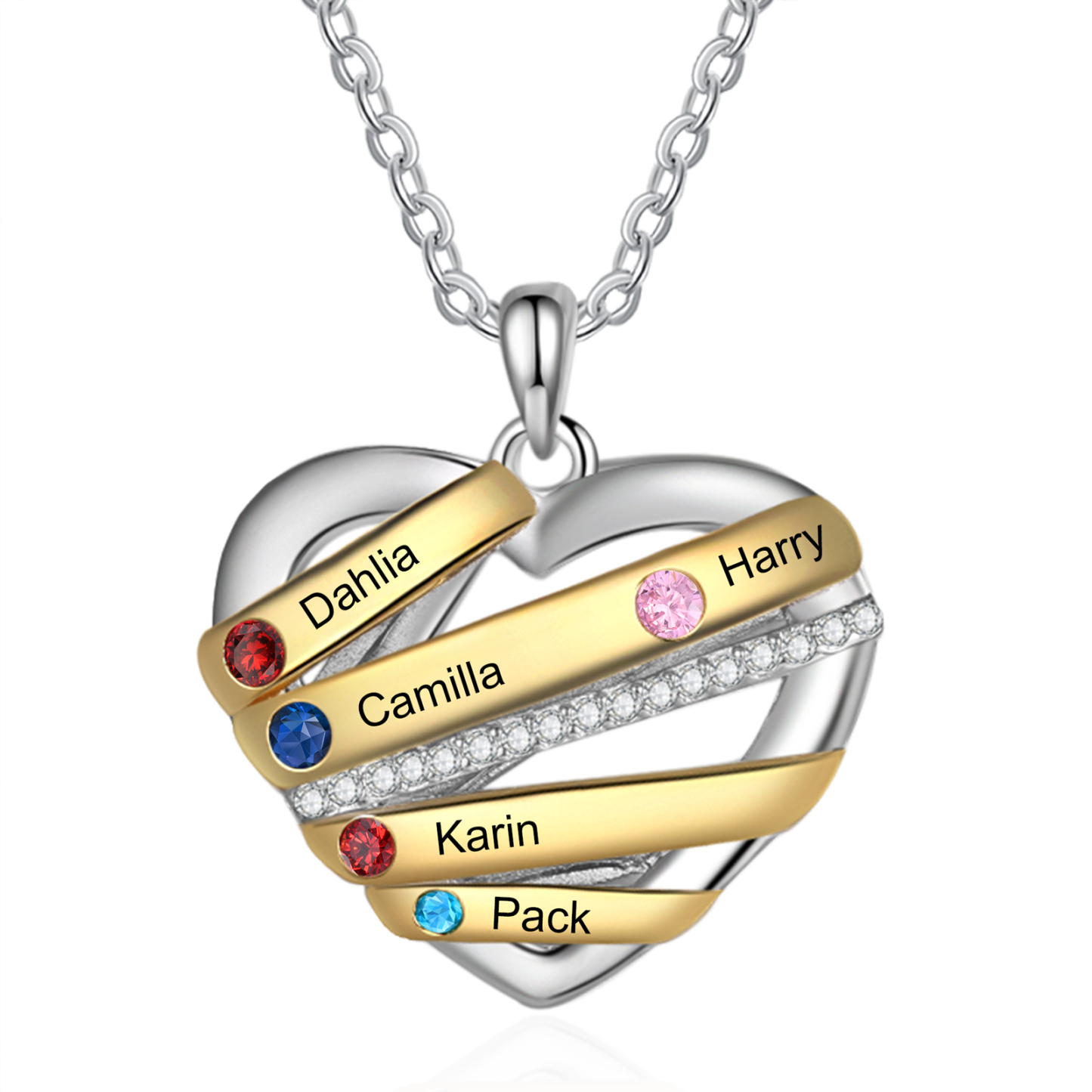 Collier Prénom cœur 5 Prénoms Personnalisés avec 5 pierres de naissanc