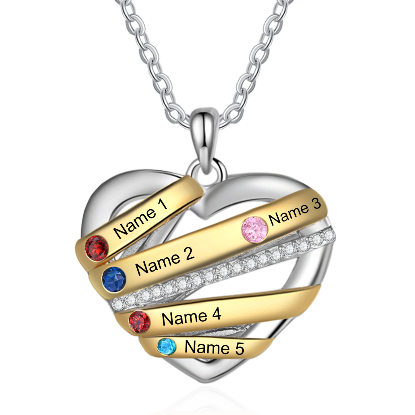 Collier Prénom cœur 5 Prénoms Personnalisés avec 5 pierres de naissance Collier Personnalisé Femme Cadeau pour femme | Jessemade