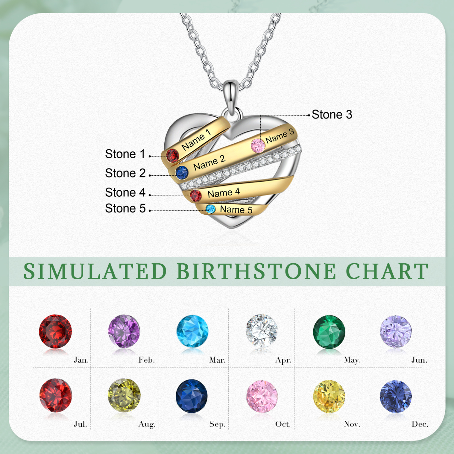 Collier Prénom cœur 5 Prénoms Personnalisés avec 5 pierres de naissance Collier Personnalisé Femme Cadeau pour femme | Jessemade