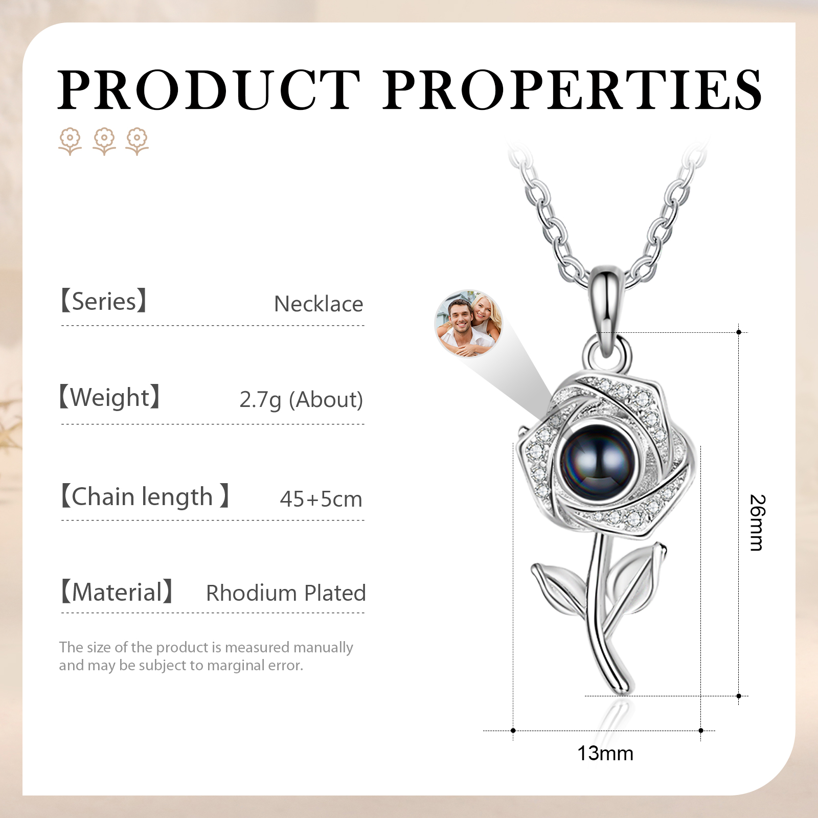 Collier Rose Projection de Pierres 1 Photo Personnalisée Collier Personnalisé Femme | Jessemade