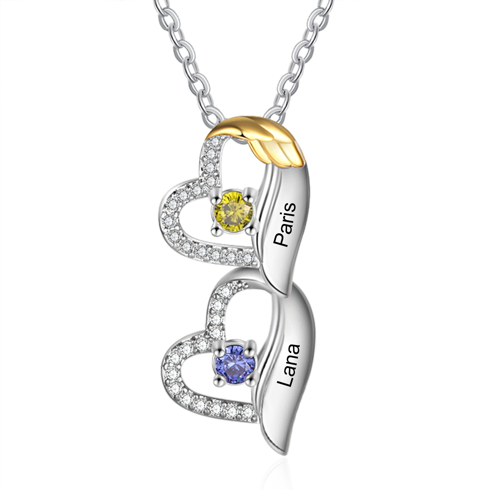 Collier Cœur et Aile 1-8 Prénoms Personnalisés avec Pierre de Naissance Collier Personnalisé Femme | Jessemade