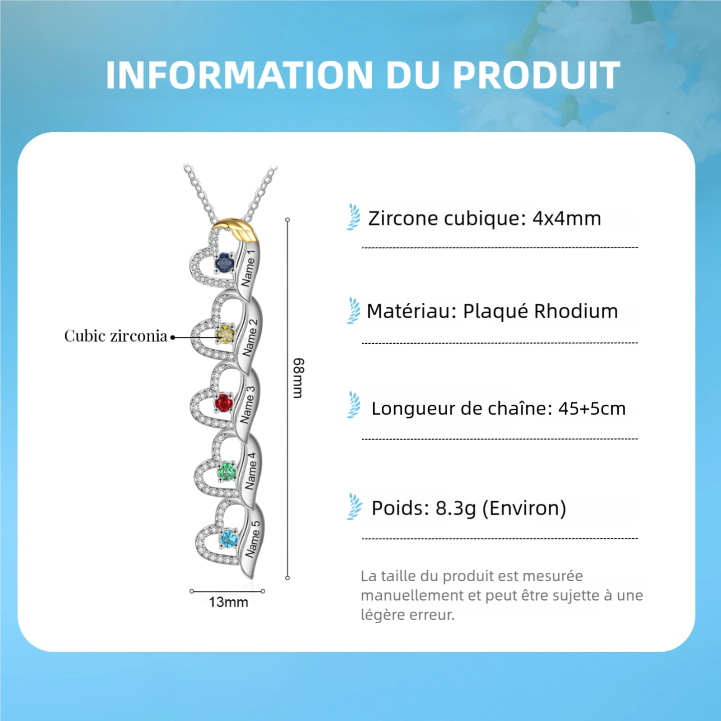 Collier Cœur et Aile 1-8 Prénoms Personnalisés avec Pierre de Naissance Collier Personnalisé Femme | Jessemade