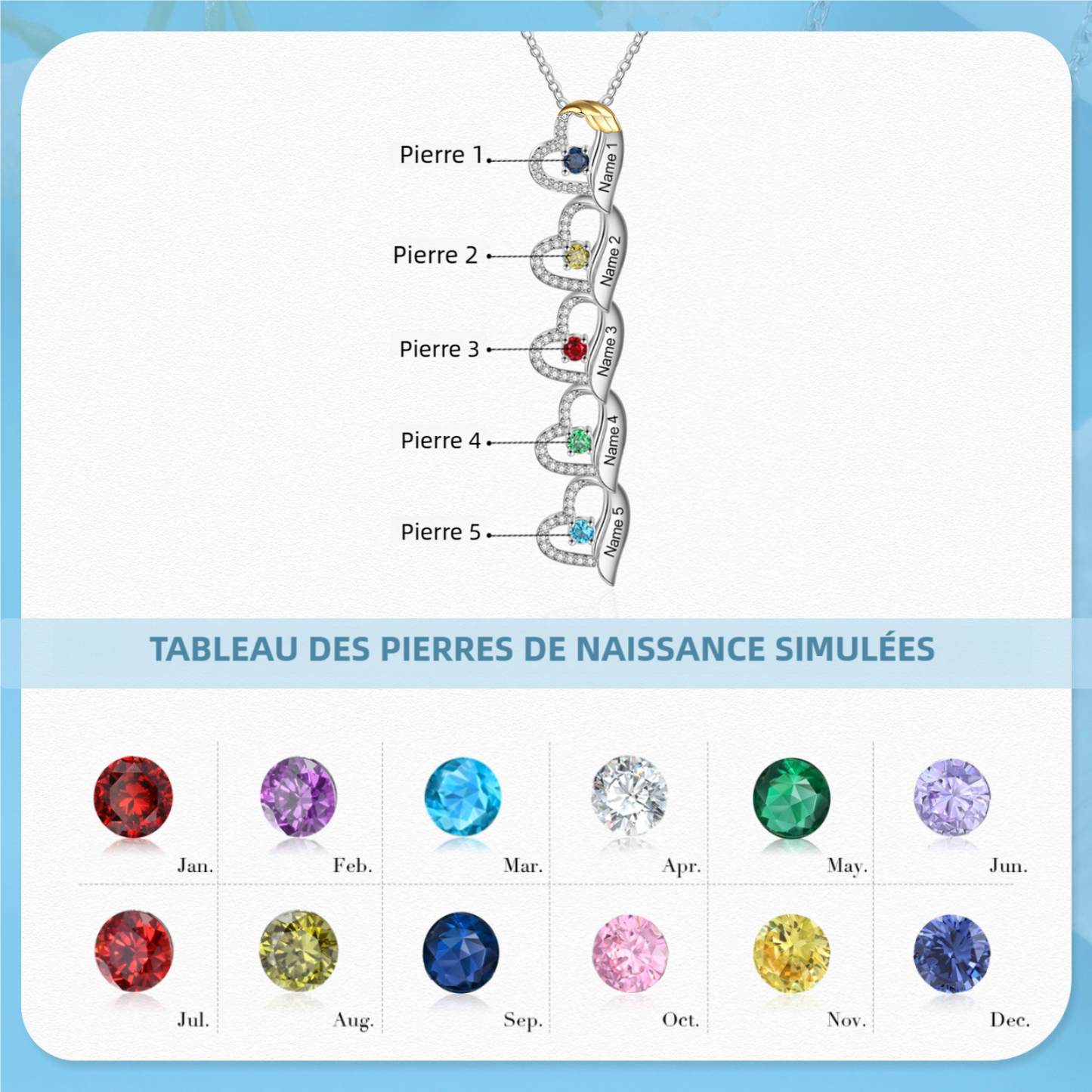 Collier Cœur et Aile 1-8 Prénoms Personnalisés avec Pierre de Naissance Collier Personnalisé Femme | Jessemade