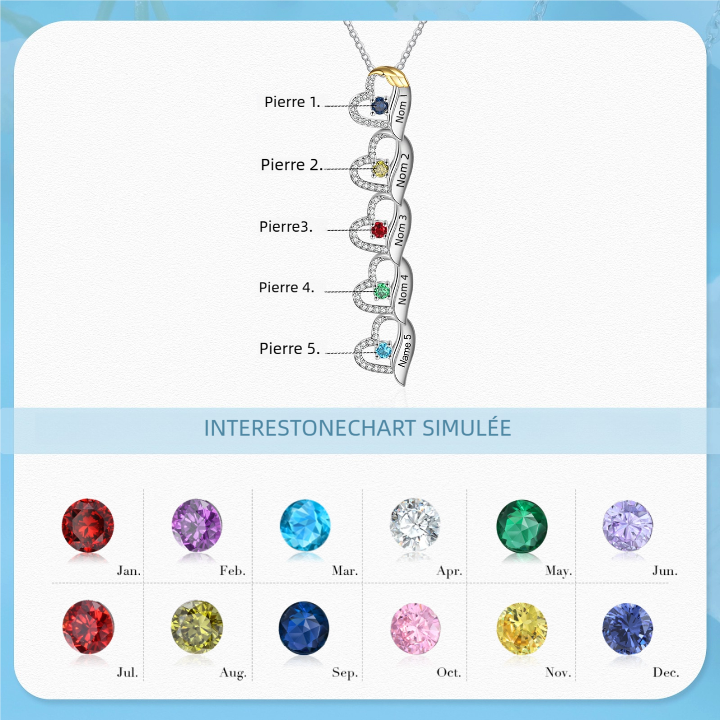 Collier cœur et aile Personnalisés avec 1-5 Prénoms et Pierres de Naissance Collier Personnalisé Femme | Jessemade
