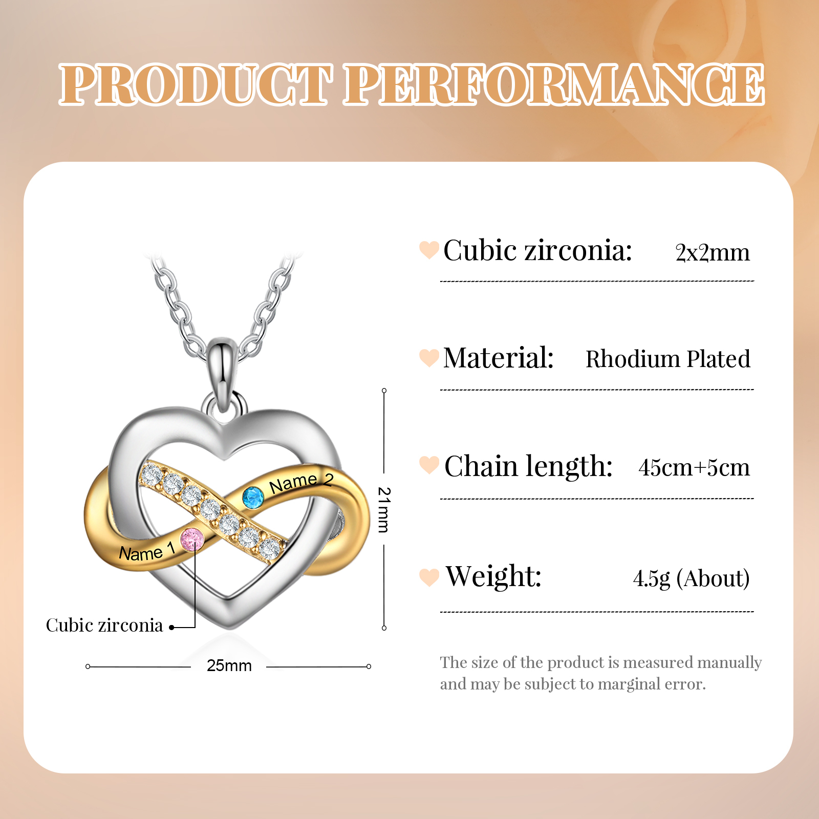 Collier cœur infini 2 Prénoms Personnalisés avec 2 pierres de naissance Collier Personnalisé Femme Cadeau pour femme | Jessemade