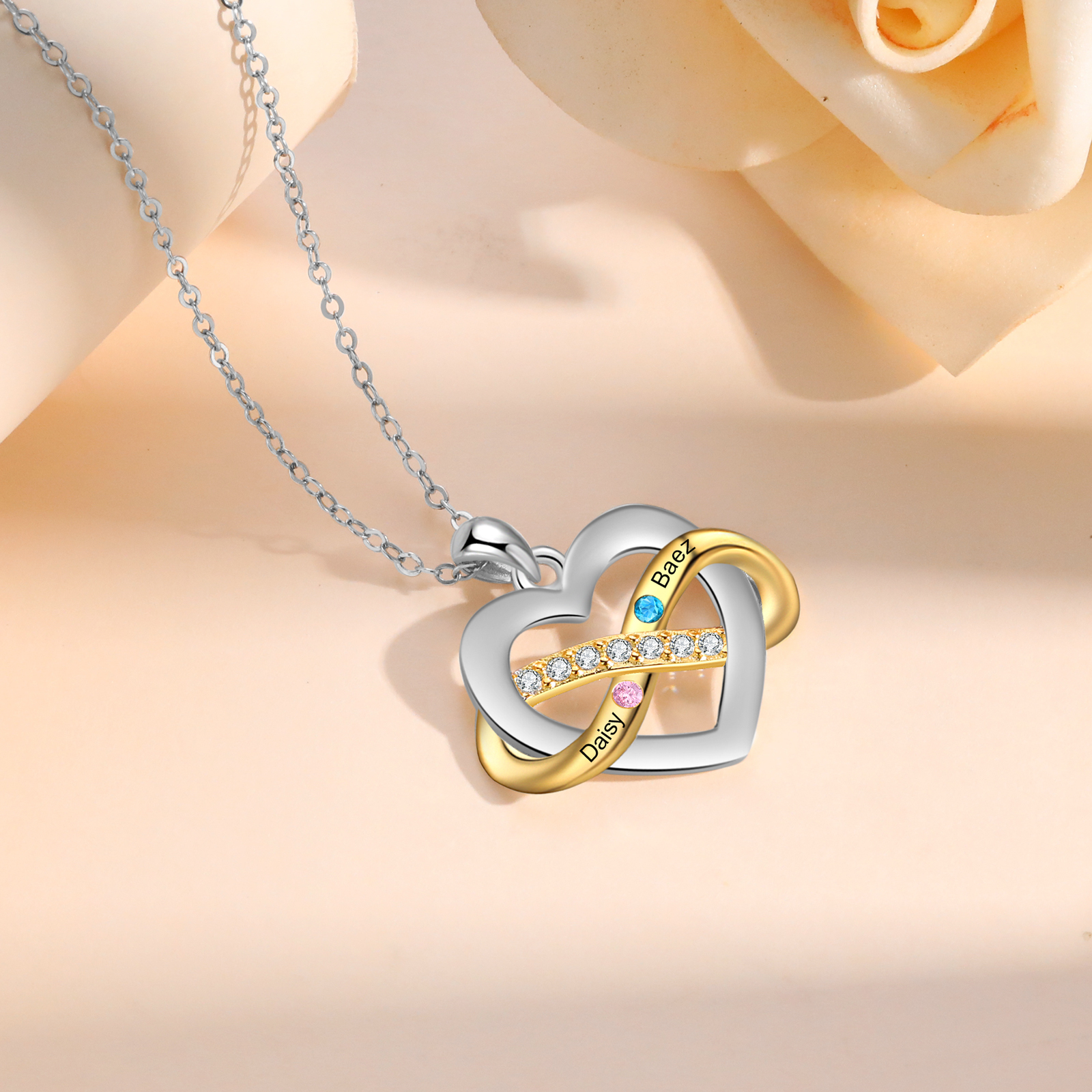 Collier cœur infini 2 Prénoms Personnalisés avec 2 pierres de naissance Collier Personnalisé Femme Cadeau pour femme | Jessemade