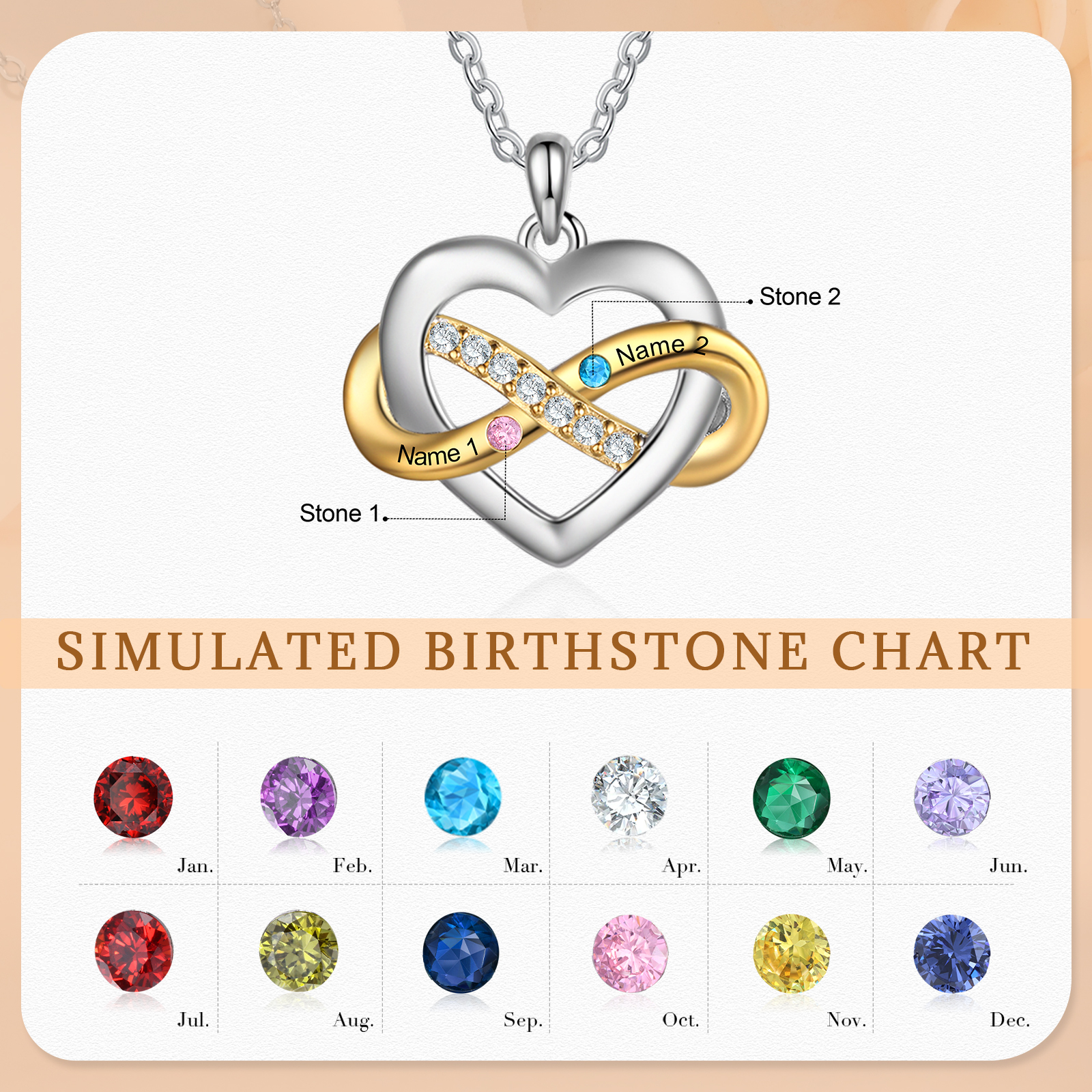 Collier cœur infini 2 Prénoms Personnalisés avec 2 pierres de naissance Collier Personnalisé Femme Cadeau pour femme | Jessemade