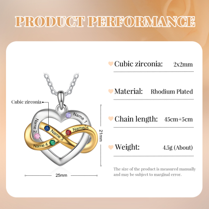 Collier cœur infini 5 Prénoms Personnalisés avec 5 pierres de naissance Collier Personnalisé Femme Cadeau pour femme | Jessemade