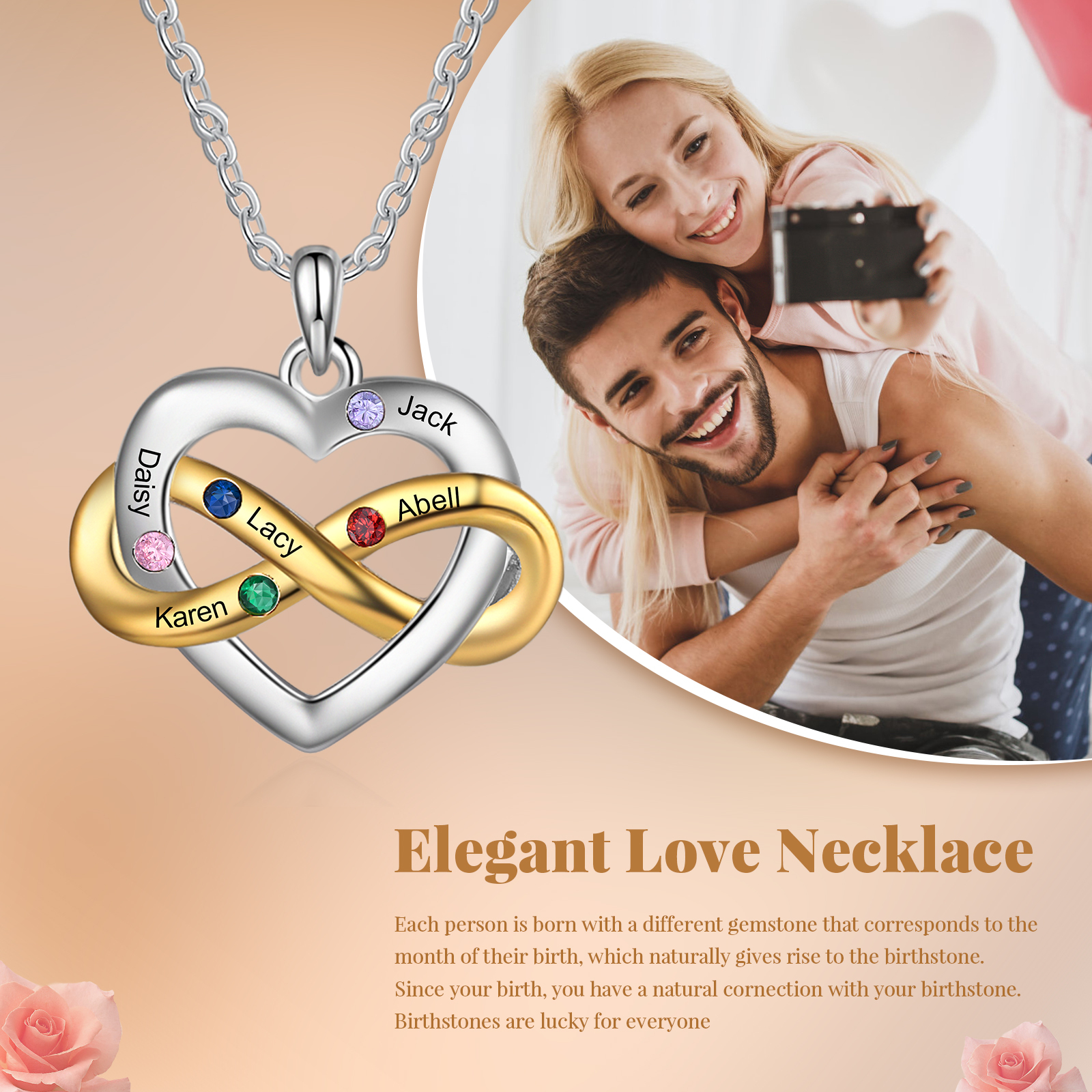 Collier cœur infini 5 Prénoms Personnalisés avec 5 pierres de naissance Collier Personnalisé Femme Cadeau pour femme | Jessemade